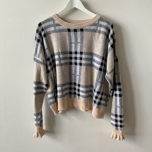 Trendy Threads Plaid Sweater Cream and Black Ruffle Sleeves Plus Size 3X
